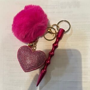Self defense Pink Heart Keychain with Pom Pom